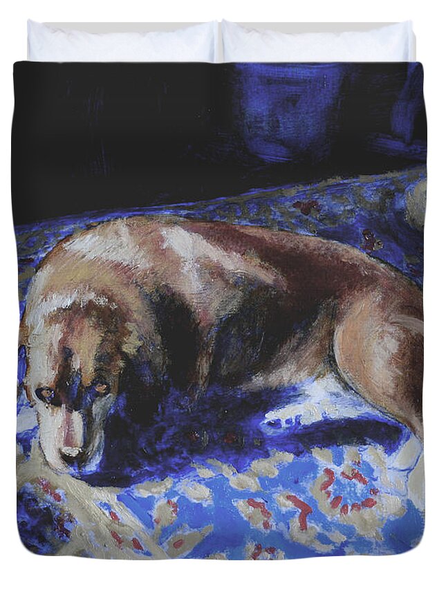 Dog On A Rug Duvet Cover featuring the painting The Sunbather by David Zimmerman