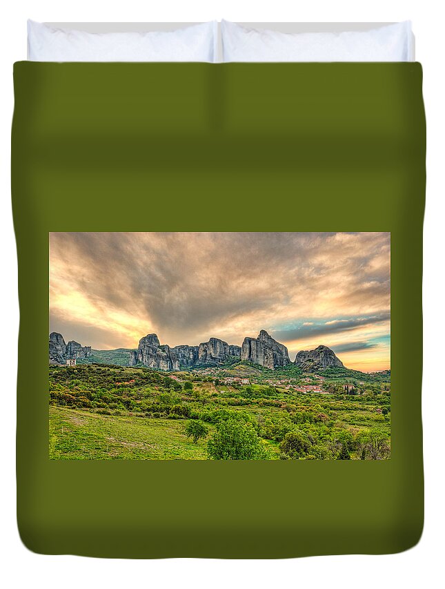 Christianity Duvet Cover featuring the photograph The sunrise at Meteora - Greece by Constantinos Iliopoulos