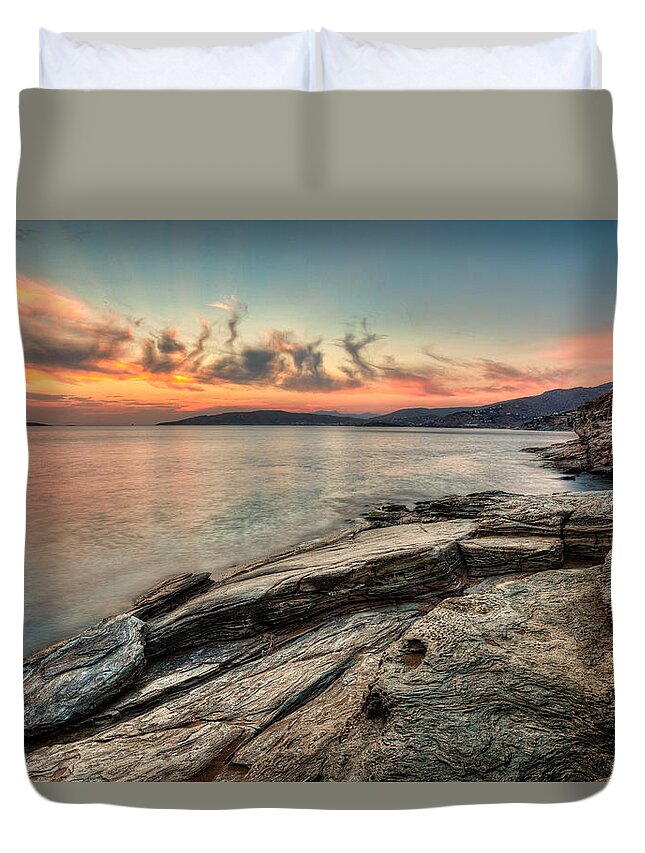 Sunset Duvet Cover featuring the photograph The sunset in Andros - Greece by Constantinos Iliopoulos