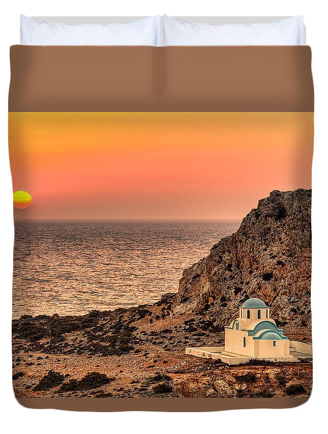 Finiki Duvet Cover featuring the photograph The sunset in Finiki of Karpathos - Greece by Constantinos Iliopoulos