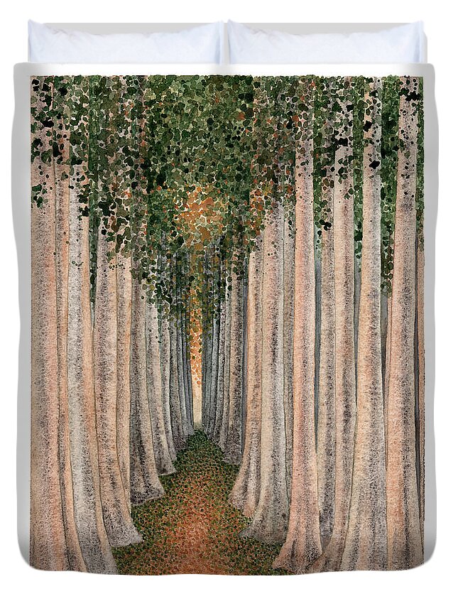 Trees Duvet Cover featuring the painting The Temple by Hilda Wagner