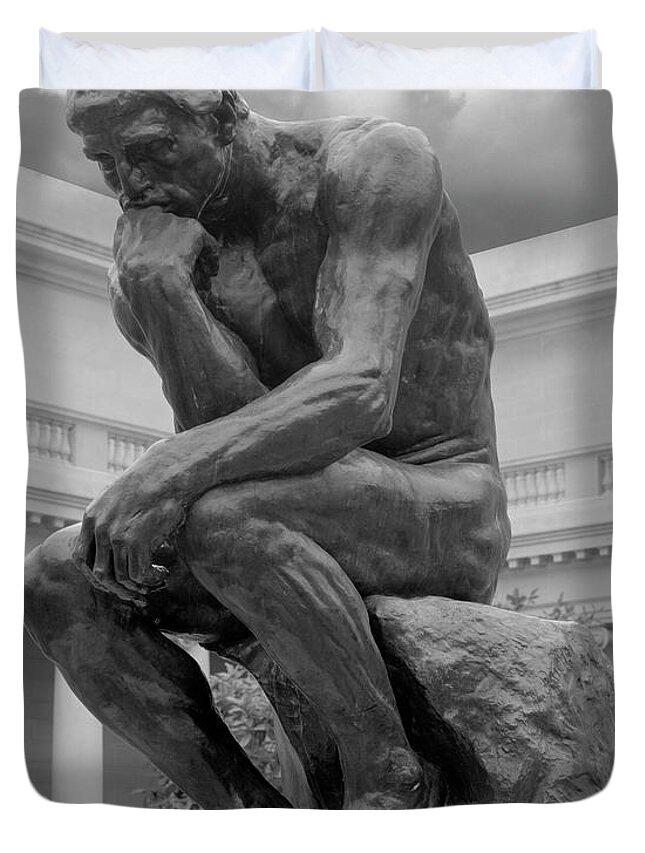 The Thinker Duvet Cover featuring the photograph The Thinker Bronze Sculpture Auguste Rodin Legion of Honor San Francisco California 1 by Kathy Anselmo