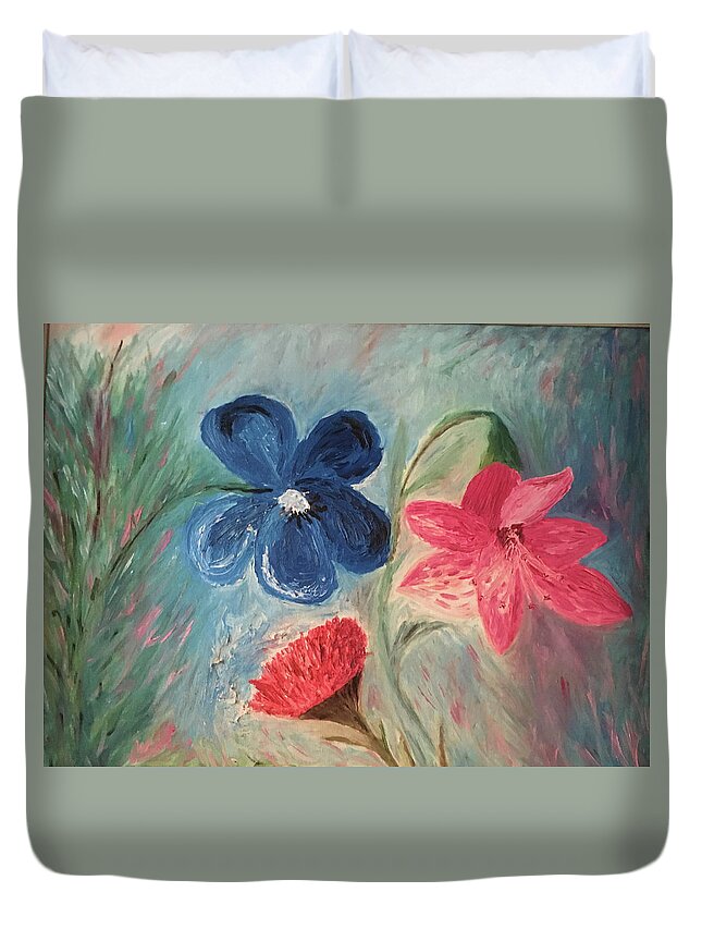 Flowers Duvet Cover featuring the painting The Three Flowers by Susan Grunin