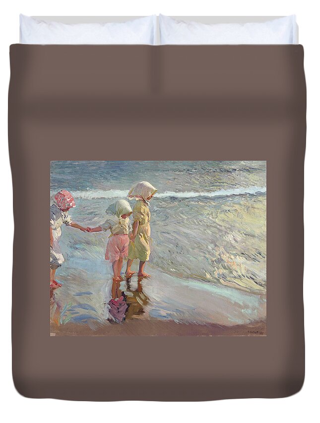 19th Century Art Duvet Cover featuring the painting The Three Sisters on the Beach by Joaquin Sorolla