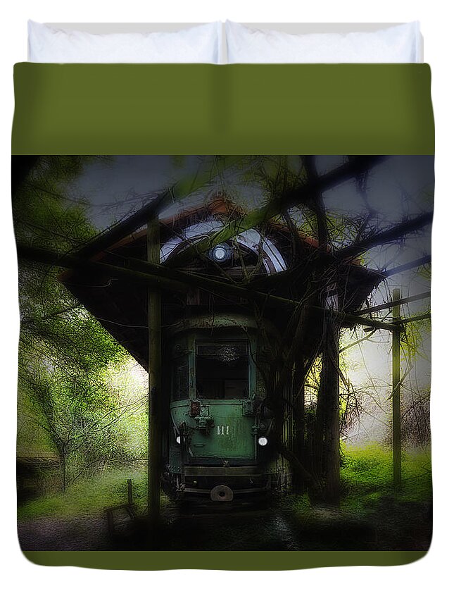 Tram Duvet Cover featuring the photograph The Tram Leaves The Station... by Enrico Pelos