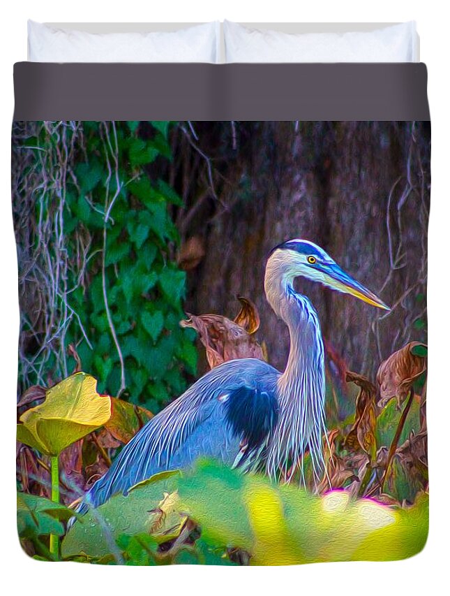 Nature Duvet Cover featuring the painting Majestic Great Blue Heron by DB Hayes