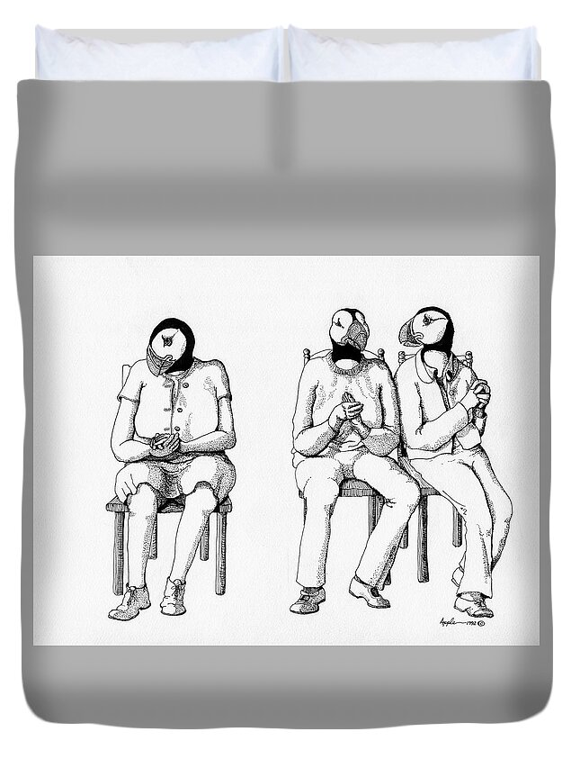 Anthropomorphic Duvet Cover featuring the drawing The Waiting Room by Linda Apple
