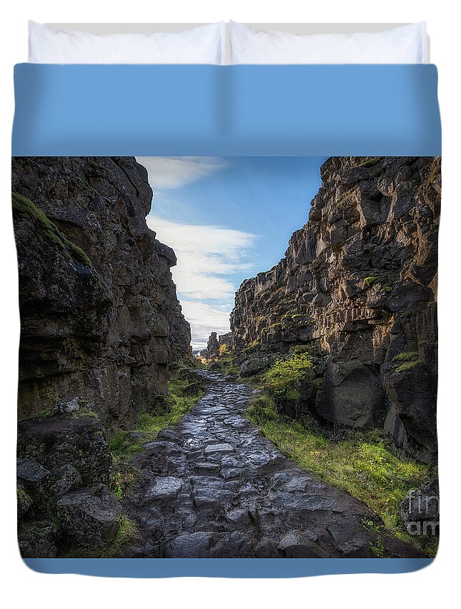 Pingvellir Duvet Cover featuring the photograph The Walk Between Continental Plates by Michael Ver Sprill