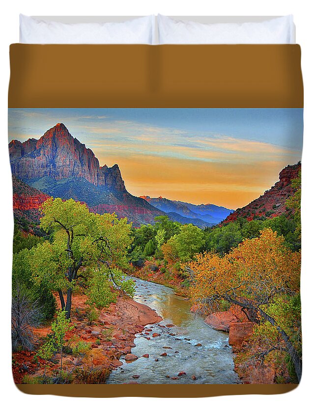 The Watchman And The Virgin River Duvet Cover featuring the photograph The Watchman and the Virgin River by Raymond Salani III