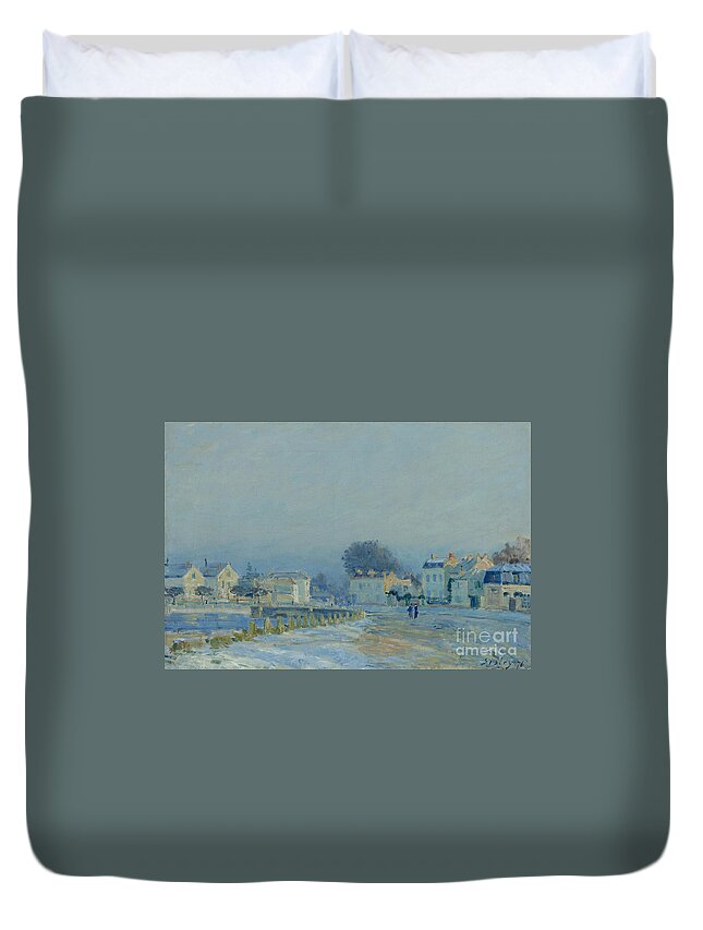 Alfred Sisley Duvet Cover featuring the painting The Watering Pond At Marly With Hoarfrost by MotionAge Designs