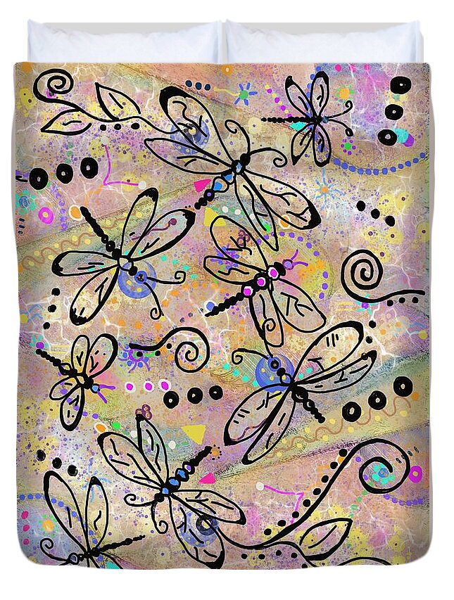 Dragonfly Energy Duvet Cover featuring the mixed media The Whimsical Dreamkeepers by Laurie's Intuitive