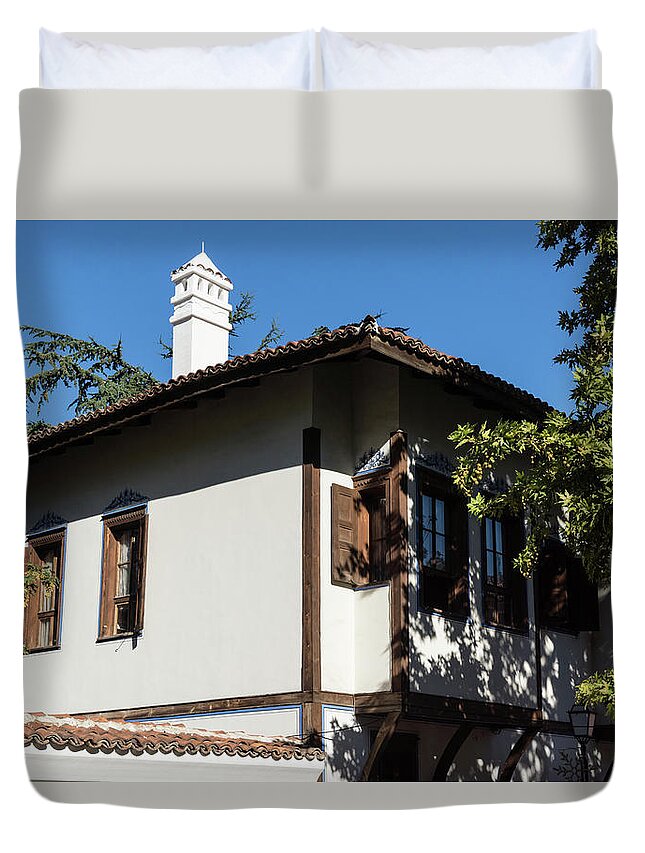 Georgia Mizuleva Duvet Cover featuring the photograph The White Chimney - Sun Dappled Elegant Revival House by Georgia Mizuleva