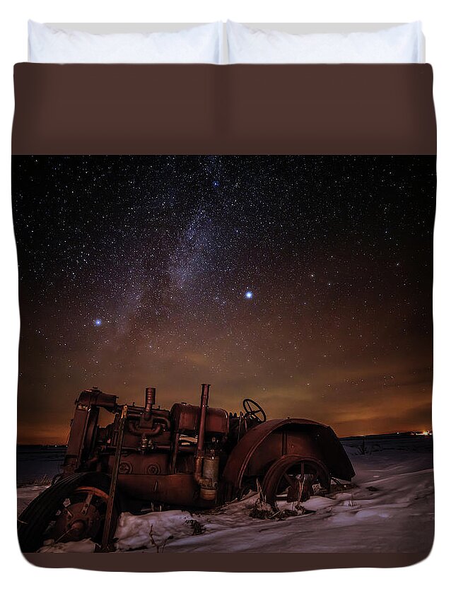 Astro Landscape Scenic Stars Milky Way Winter Antique Tractor Nd Night Night Sky Duvet Cover featuring the photograph The Witness by Peter Herman
