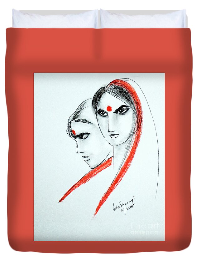 Women Duvet Cover featuring the painting The Women by Asha Sudhaker Shenoy