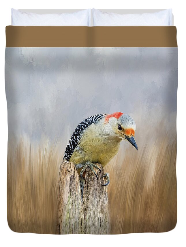 Woodpecker Duvet Cover featuring the photograph The Woodpecker by Cathy Kovarik