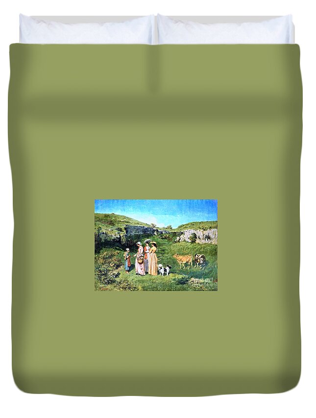 Gustave Courbet - The Young Ladies Of The Village 1851-52 Duvet Cover featuring the painting The Young Ladies of the Village by MotionAge Designs