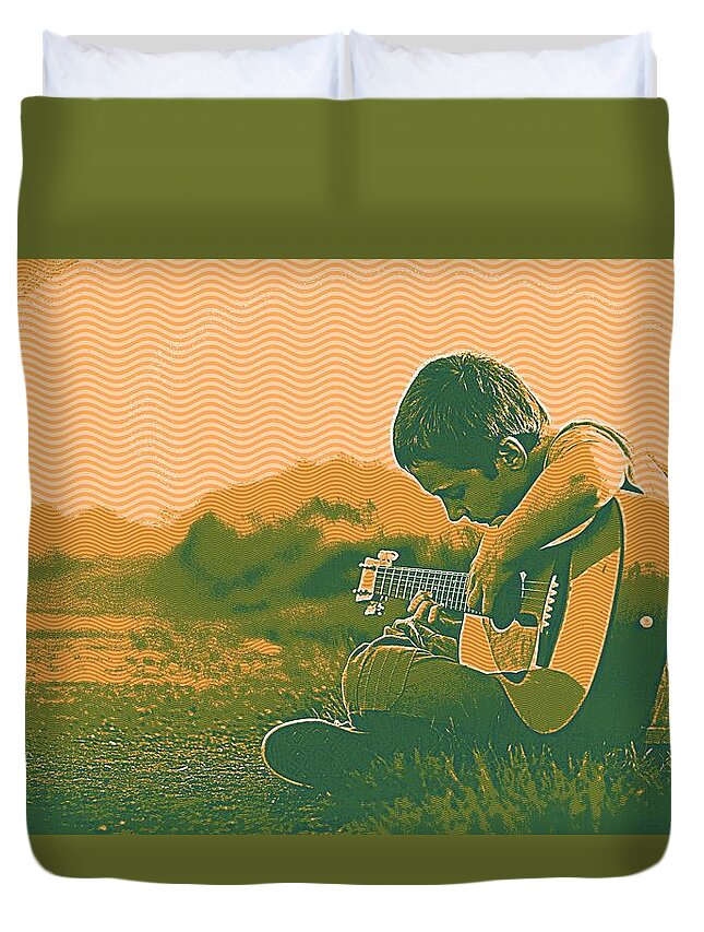 Man Duvet Cover featuring the painting The young musician 2 by Celestial Images