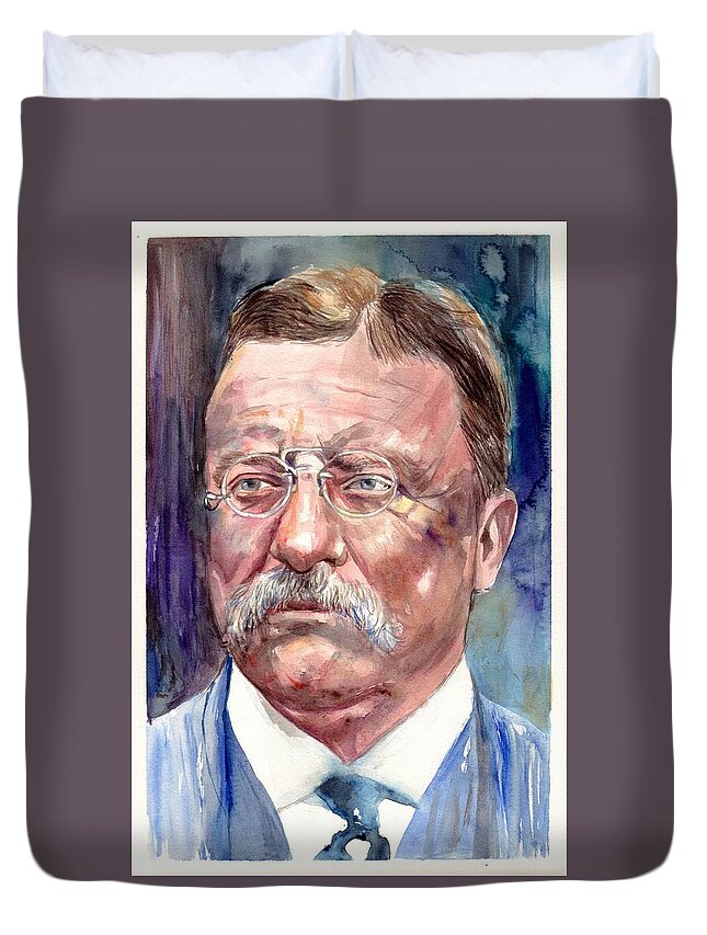 Theodore Roosevelt Duvet Cover featuring the painting Theodore Roosevelt watercolor portrait by Suzann Sines