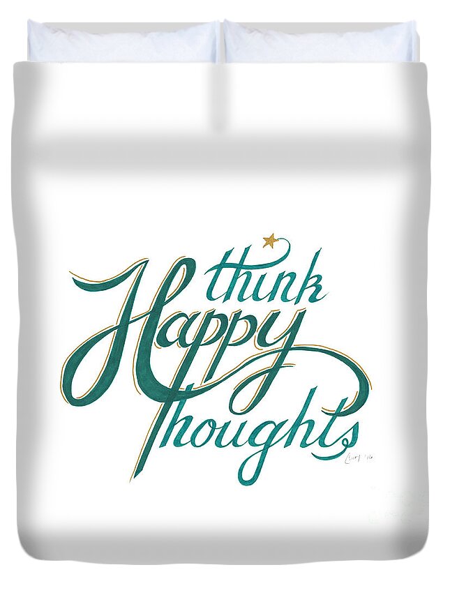 Peter Pan Duvet Cover featuring the drawing Think happy thoughts by Cindy Garber Iverson