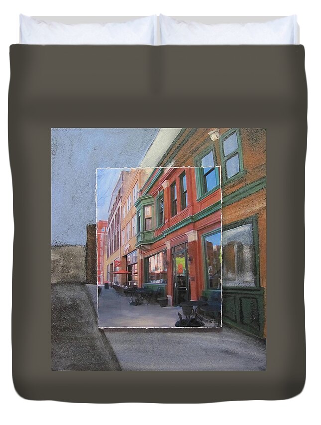 Milwaukee Duvet Cover featuring the mixed media Third Ward - Swig and Palms by Anita Burgermeister