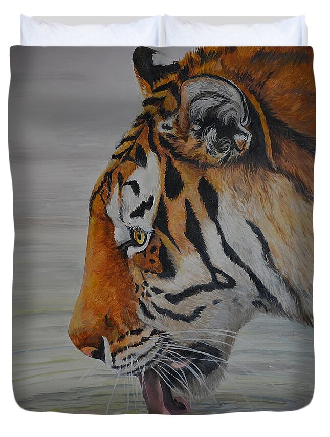 Tiger Duvet Cover featuring the painting Thirsty by Charlotte Yealey
