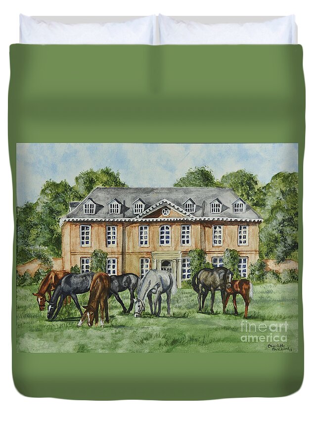 Thoroughbred Horses Duvet Cover featuring the painting Thoroughbreds Grazing At Squerryes Court by Charlotte Blanchard
