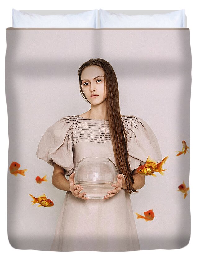 Russian Artists New Wave Duvet Cover featuring the photograph Thoughts of Freedom. Series Escape of Golden Fish by Inna Mosina