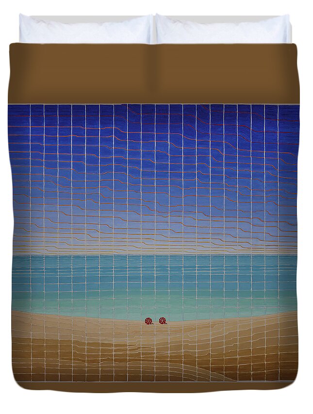 3d Duvet Cover featuring the painting Three Beach Umbrellas by Jesse Jackson Brown