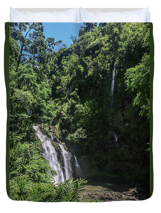  Bear Duvet Cover featuring the photograph Three Bear Falls or Upper Waikani Falls on the Road to Hana, Maui, Hawaii by Peter Dang
