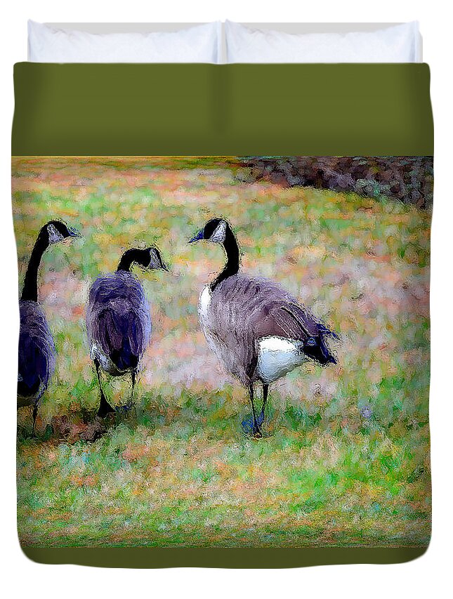 Three Canadian Geese Duvet Cover featuring the painting Three Canadian Geese by Jeelan Clark