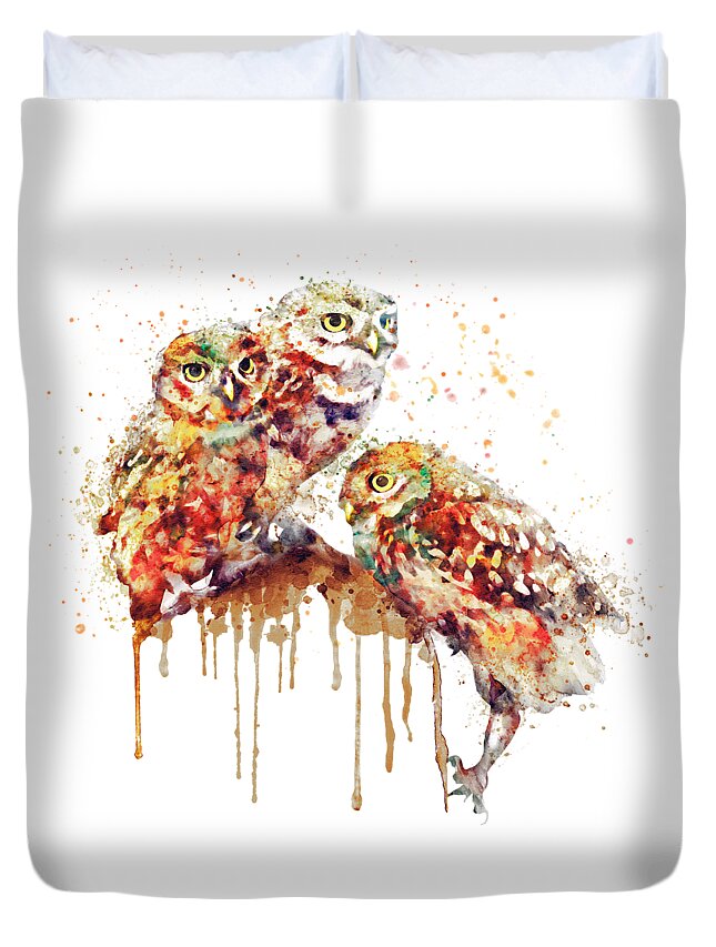 Marian Voicu Duvet Cover featuring the painting Three Cute Owls watercolor by Marian Voicu