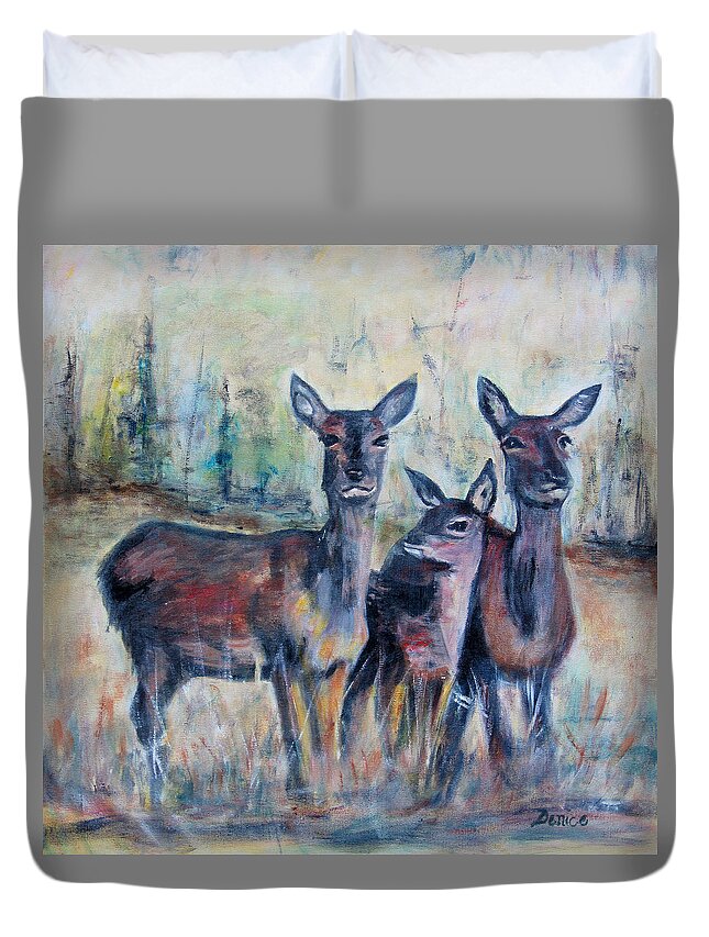 Deer Duvet Cover featuring the painting Three deer by Denice Palanuk Wilson