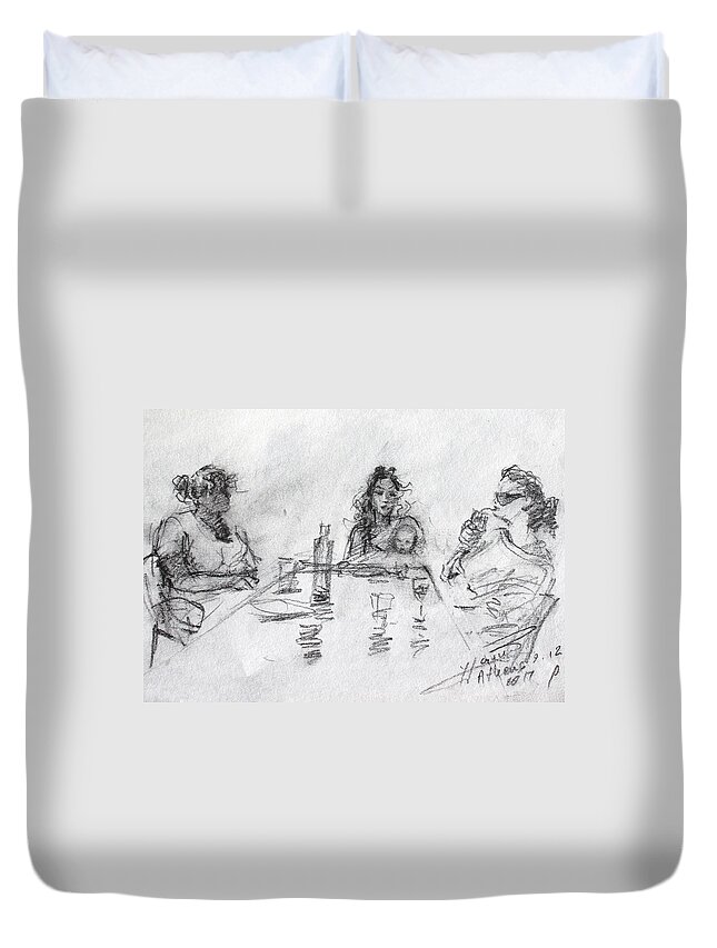 Three Generations Duvet Cover featuring the drawing Three Generations by Ylli Haruni