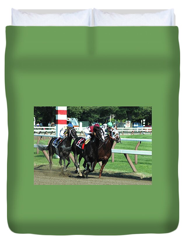 Race Horse Duvet Cover featuring the photograph Three Horse Race by Jerry Griffin
