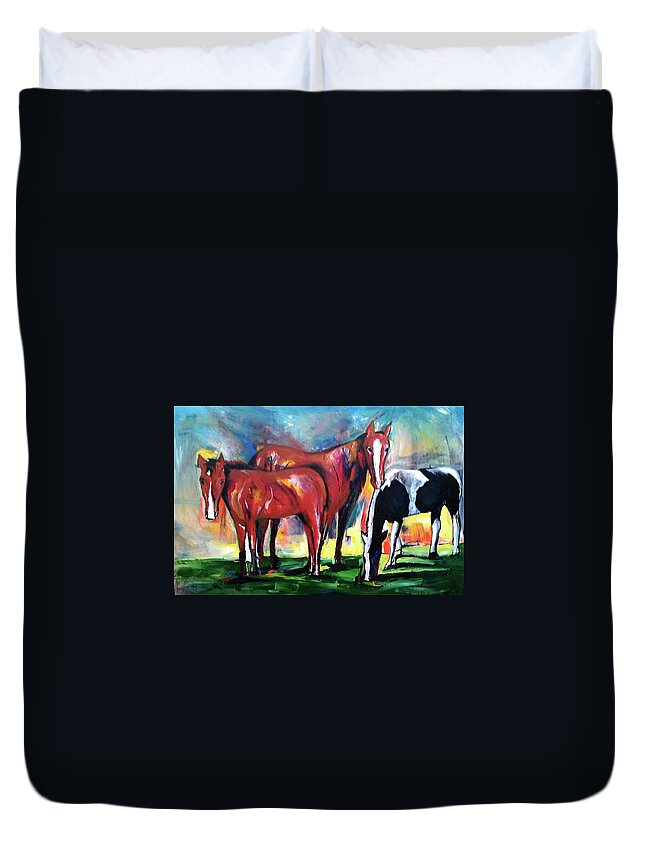 Horse Portraits Duvet Cover featuring the painting Three Horses Sunny Day by John Gholson