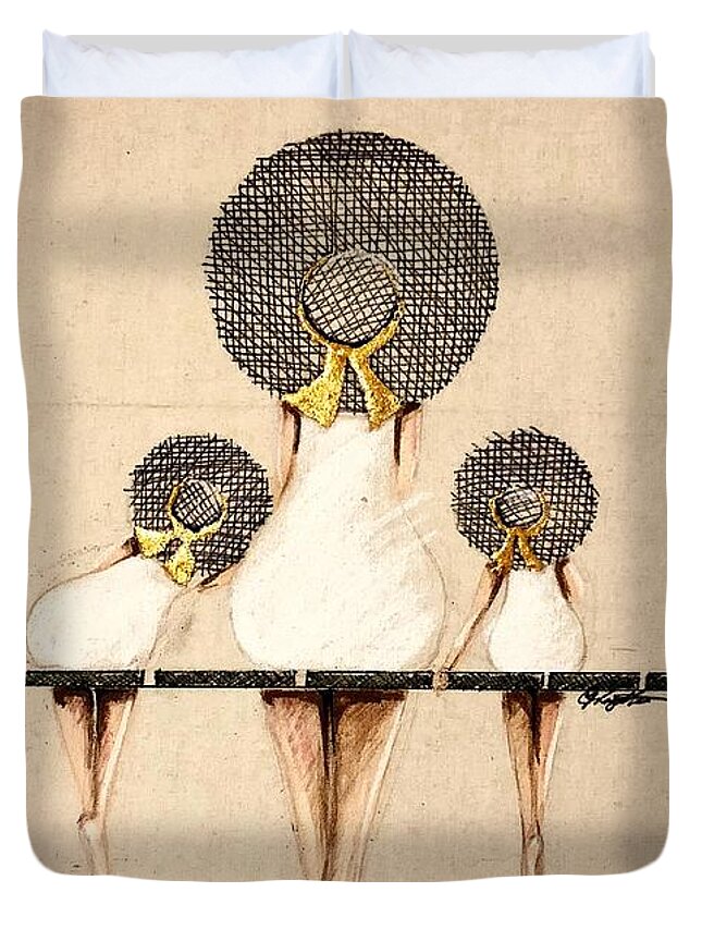 Dock Duvet Cover featuring the mixed media Three Ladies On A Dock by C F Legette