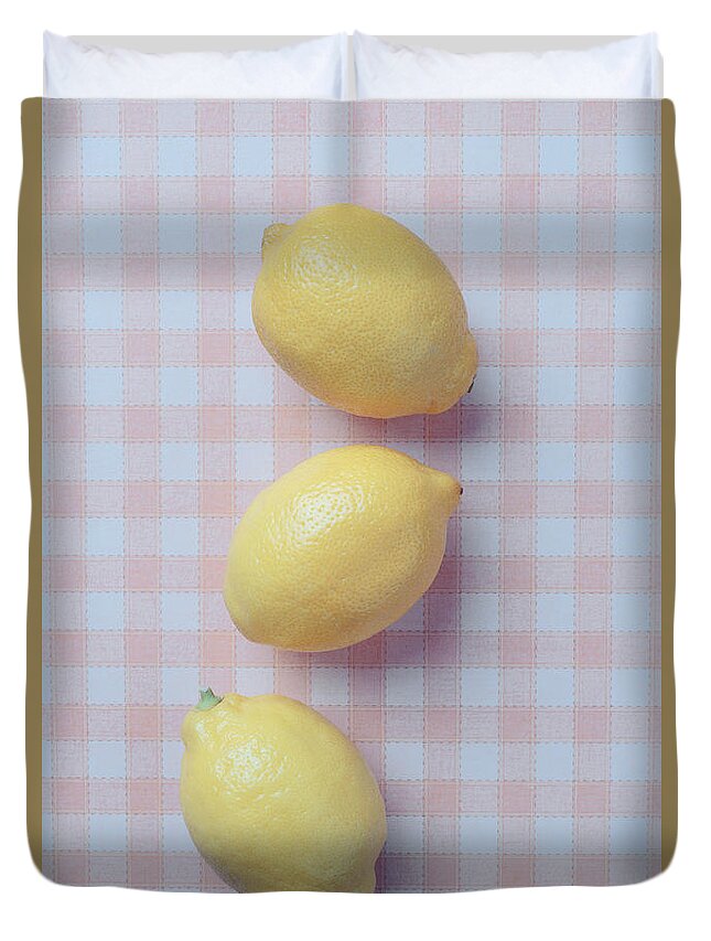 Lemon Duvet Cover featuring the photograph Three Lemons by Edward Fielding