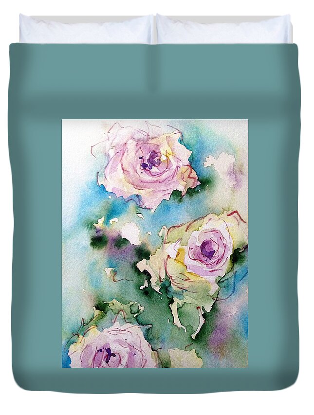 Purple Roses Duvet Cover featuring the painting Three Purple Roses by Britta Zehm
