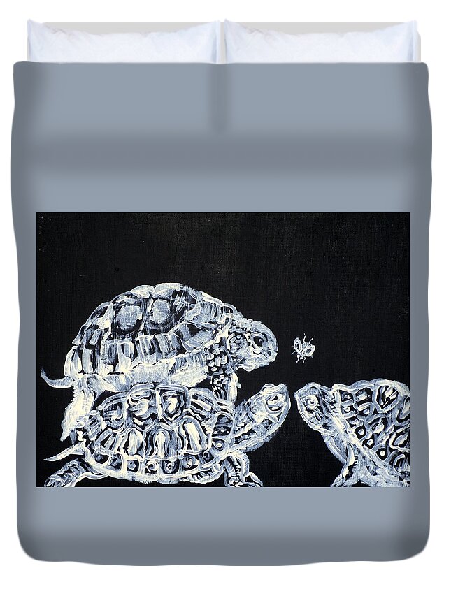 Turtle Duvet Cover featuring the painting Three Terrapins And One Fly by Fabrizio Cassetta