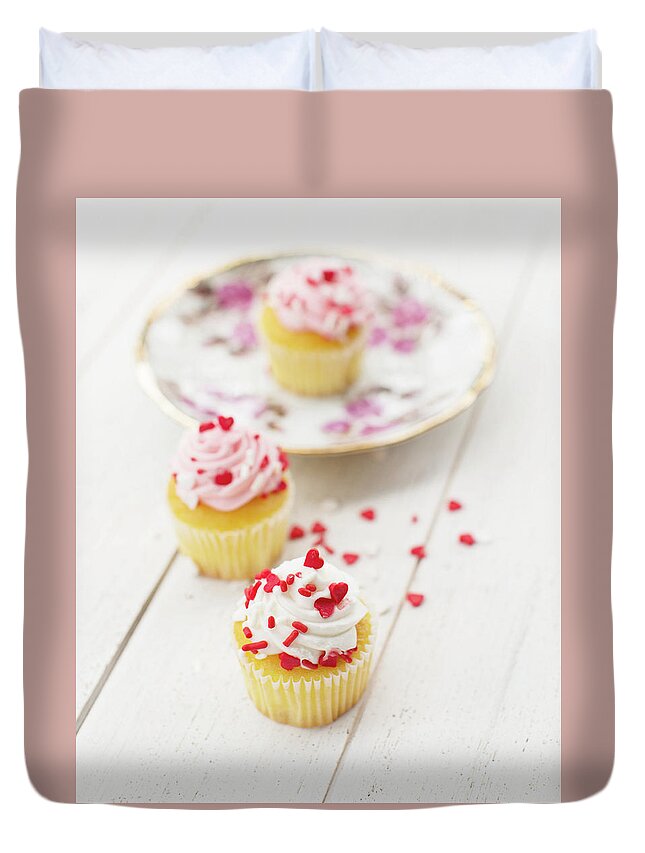 Cupcakes Duvet Cover featuring the photograph Three Tiny Cupcakes by Rebecca Cozart