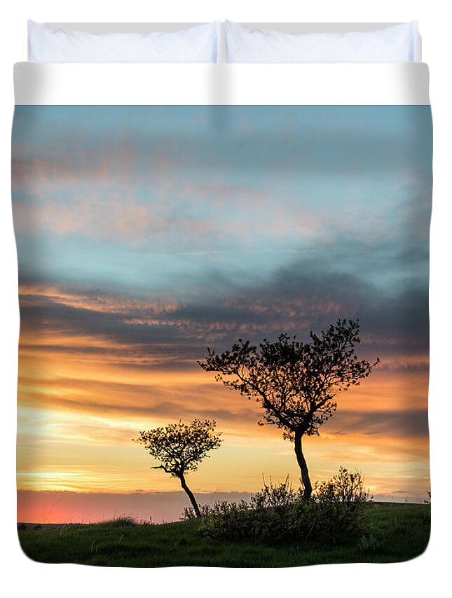 Sunset Duvet Cover featuring the photograph Three Trees On A Hill by Denise Bush