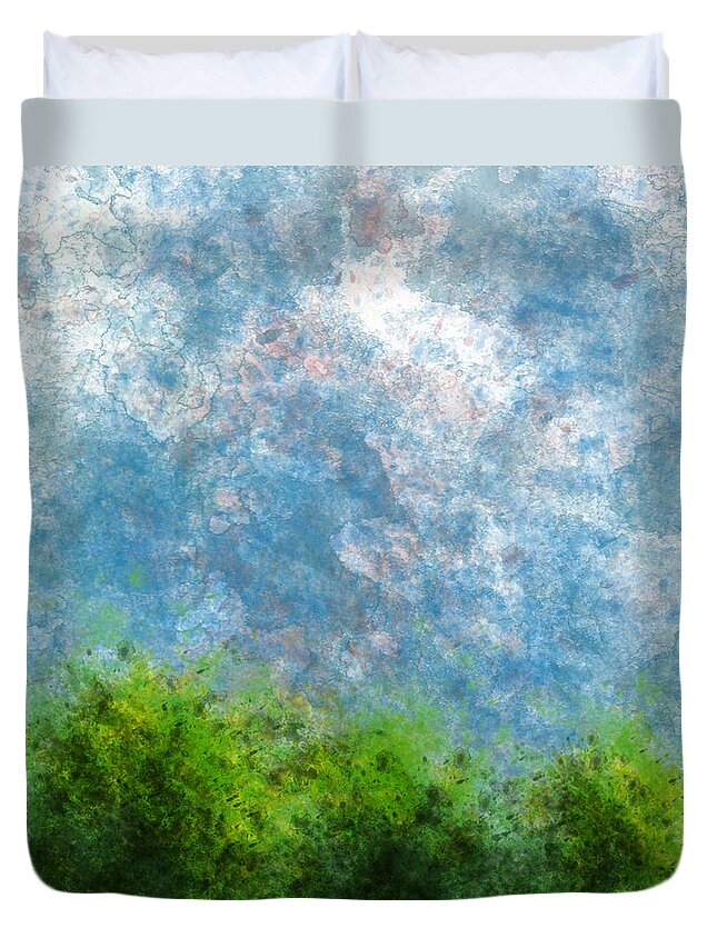 Bonnie Follett Duvet Cover featuring the digital art Three Trees with Clouds full color version by Bonnie Follett