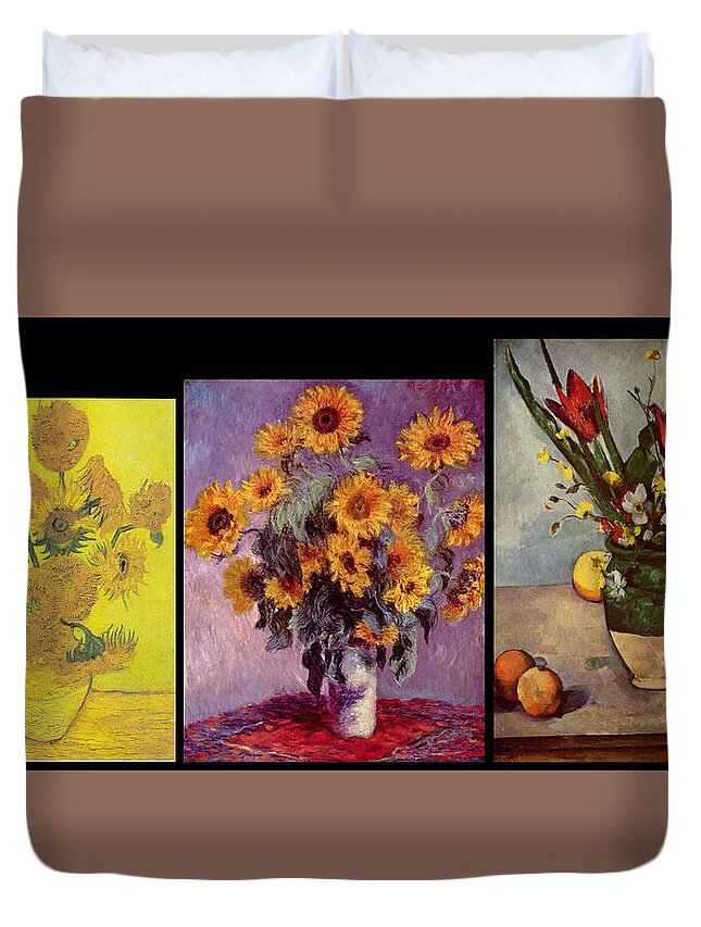 Abstract In The Living Room Duvet Cover featuring the digital art Three Vases van Gogh - Monet - Cezanne by David Bridburg