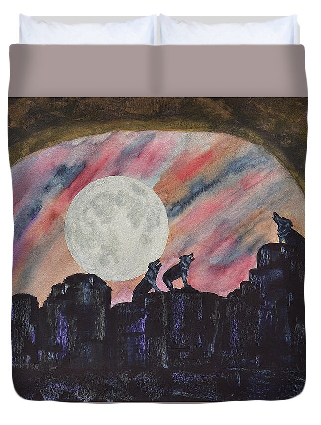Linda Brody Duvet Cover featuring the painting Three Wolves Howling From A Cave by Linda Brody