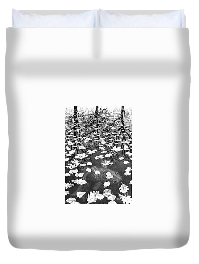  Duvet Cover featuring the drawing Three Worlds by MC Escher
