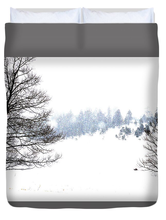 Landscape Duvet Cover featuring the photograph Through the Falling snow by Jacqui Binford-Bell
