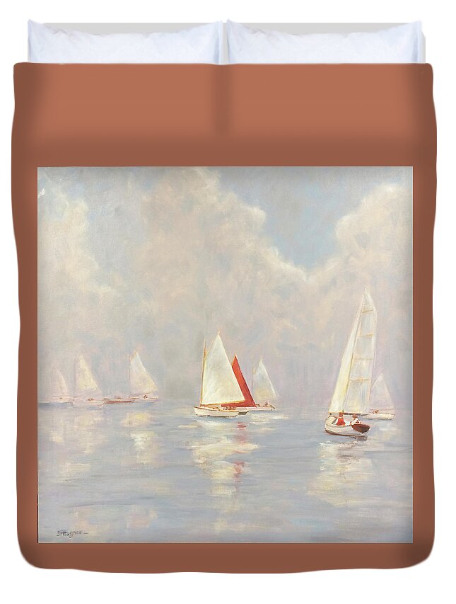 Catboats Duvet Cover featuring the painting Through The Mist by Barbara Hageman