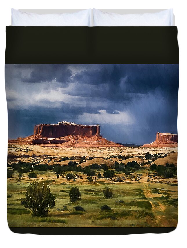 Canyonlands Duvet Cover featuring the digital art Thunderstorms Approach a Mesa by John Haldane