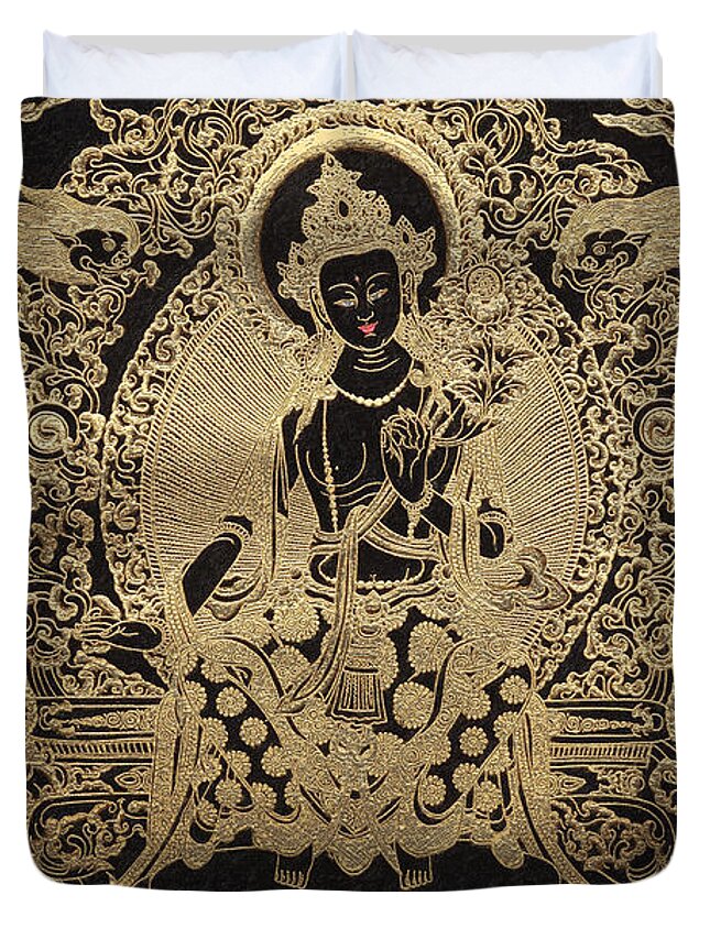 'treasures Of Tibet' Collection By Serge Averbukh Buddha Duvet Cover featuring the digital art Tibetan Thangka - Maitreya Buddha by Serge Averbukh