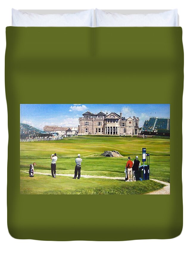Tiger Woods Duvet Cover featuring the painting Tiger at St Andrews 2010 by Mark Robinson